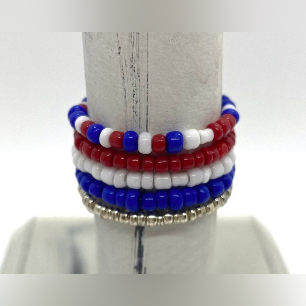 Red White Blue 5 Piece Beaded Ring Stack Set Boho Patriotic Summer Eclectic